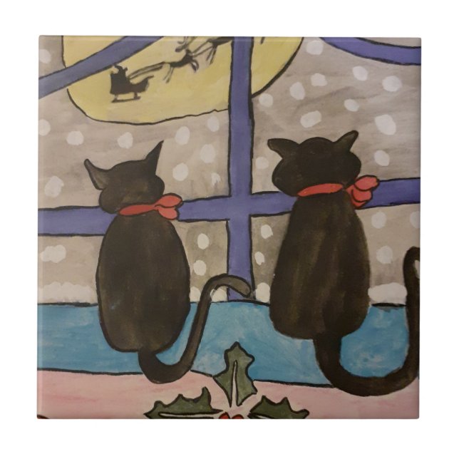 Black Cat Christmas Keramik Tile Fliese (Vorderseite)