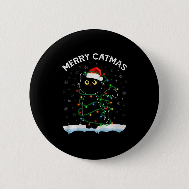 Black Cat Christmas Light Cat Wearing Santa Hat Me Button (Vorderseite)
