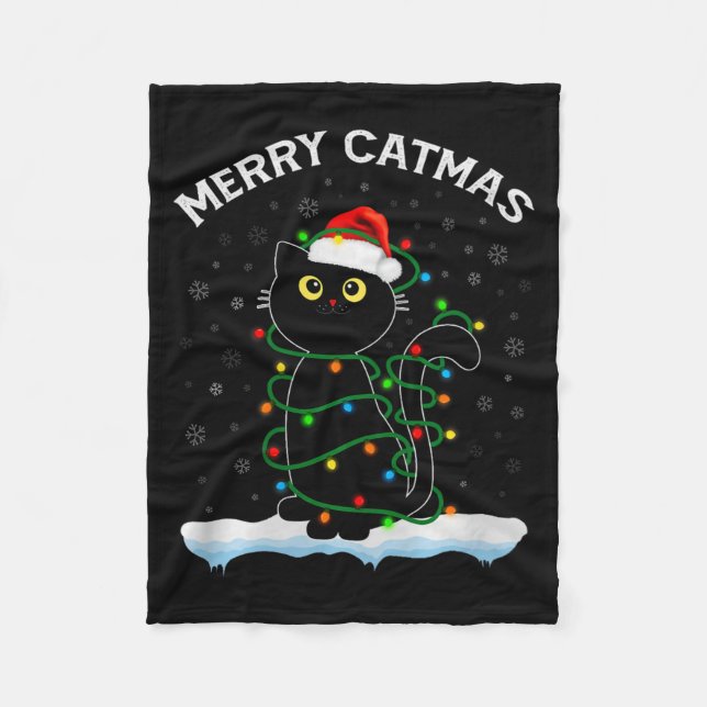 Black Cat Christmas Light Cat Wearing Santa Hat Me Fleecedecke (Vorderseite)