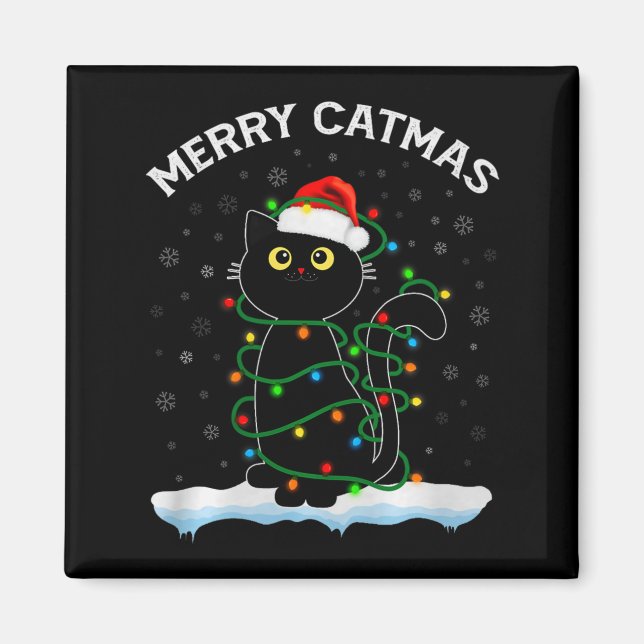 Black Cat Christmas Light Cat Wearing Santa Hat Me Magnet (Vorne)