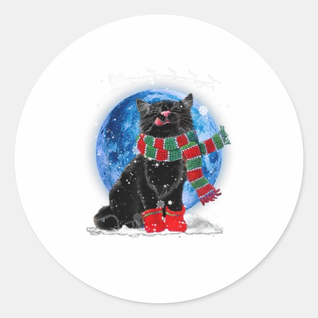 Black Cat Christmas Light Moon Blue Hol Runder Aufkleber (Vorderseite)