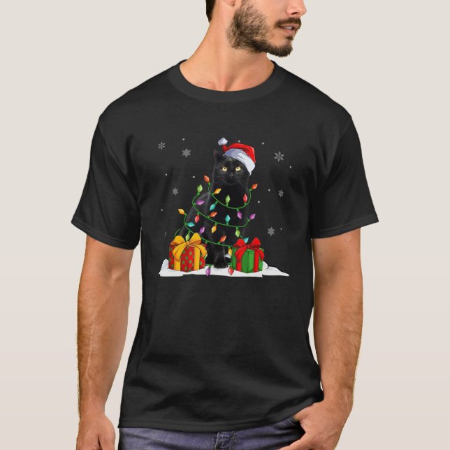 Black Cat Christmas Light  Santa Hat Cat  Xmas T-Shirt (Vorderseite)