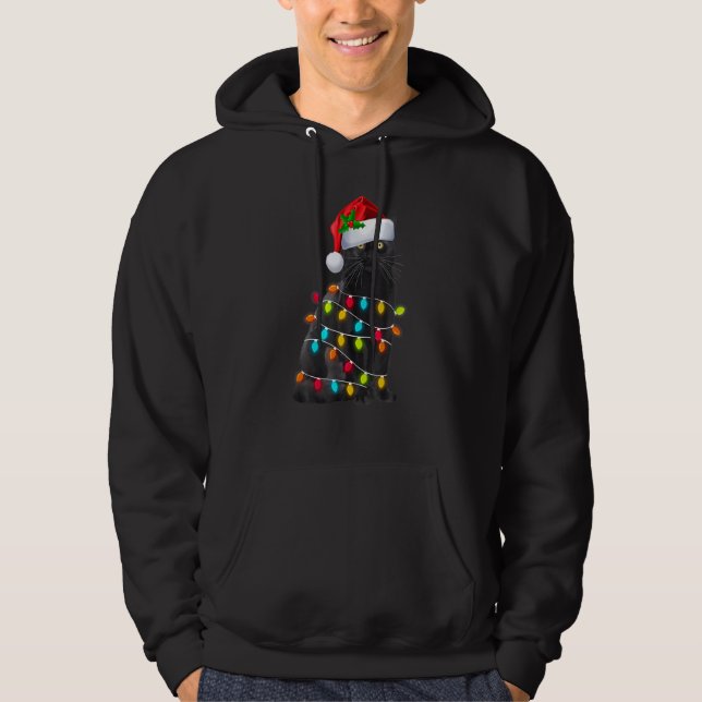 Black Cat Christmas Light Weihnachtsmannmütze Cat  Hoodie (Vorderseite)