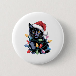 Black Cat Christmas Lights Funny Cat Lover Button