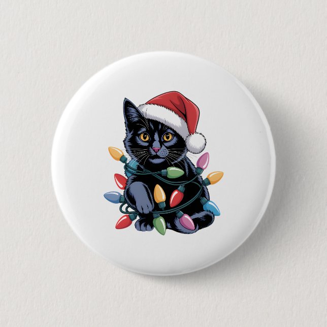 Black Cat Christmas Lights Funny Cat Lover Button (Vorderseite)