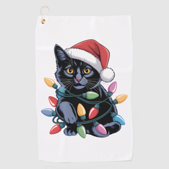 Black Cat Christmas Lights Funny Cat Lover Golfhandtuch (Vorderseite)
