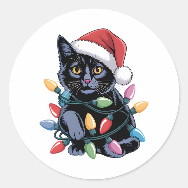 Black Cat Christmas Lights Funny Cat Lover Runder Aufkleber (Vorderseite)