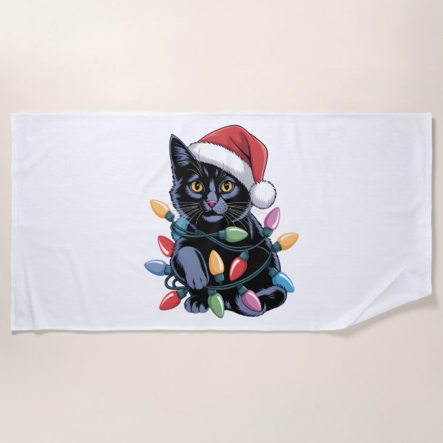 Black Cat Christmas Lights Funny Cat Lover Strandtuch (Vorderseite)