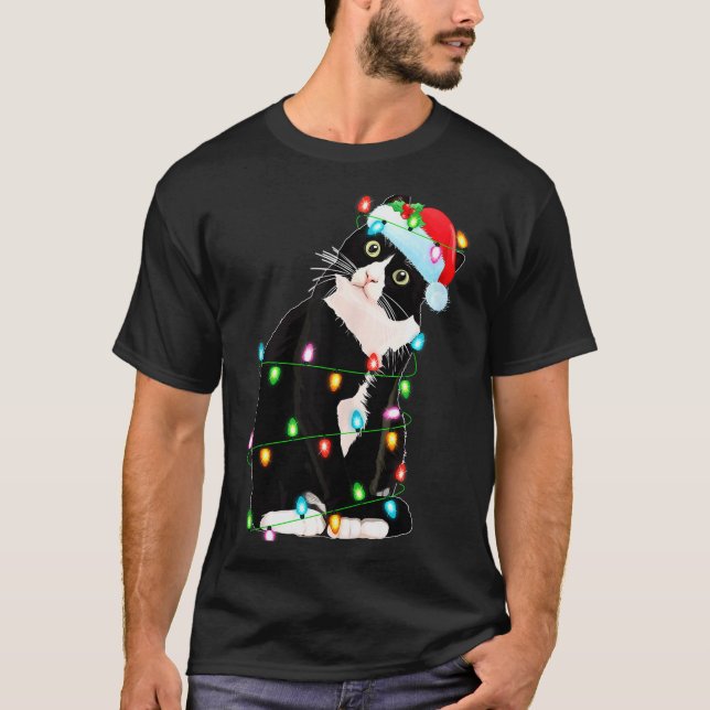 Black Cat Christmas Lights Funny Santa Hat Black C T-Shirt (Vorderseite)