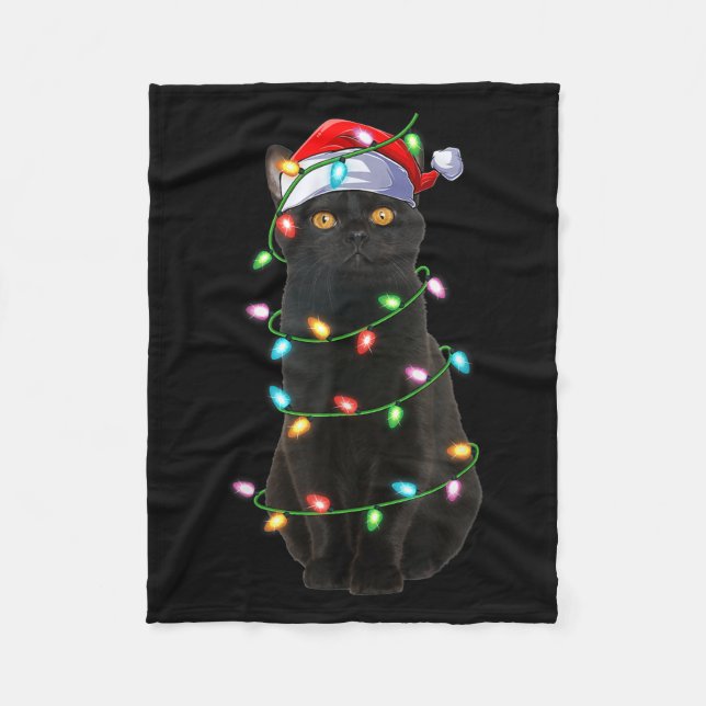 Black Cat Christmas Lights Funny Santa Hat Cat Xma Fleecedecke (Vorderseite)