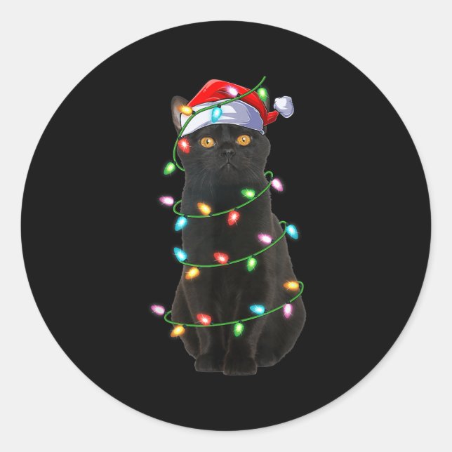 Black Cat Christmas Lights Funny Santa Hat Cat Xma Runder Aufkleber (Vorderseite)