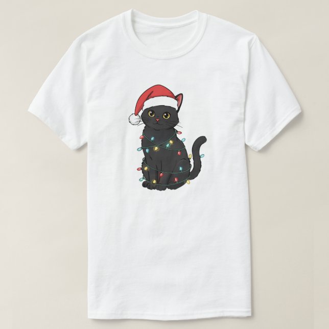 Black Cat Christmas Lights – Funny Santa Kitten  T-Shirt (Design vorne)