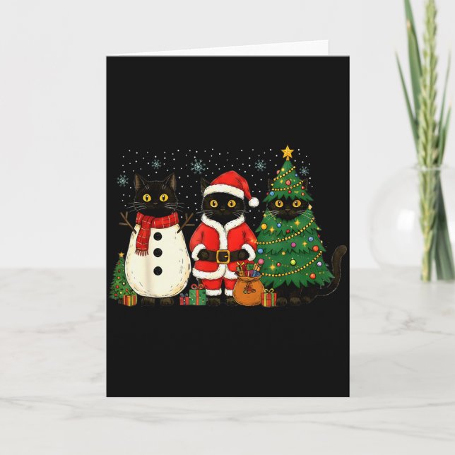 Black Cat Christmas Lights Reindeer Santa Meowy Ca Karte (Vorderseite)
