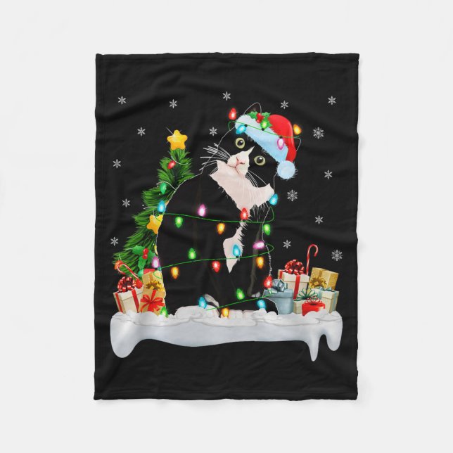 Black Cat Christmas Lights Santa Hat Black Cat Lov Fleecedecke (Vorderseite)