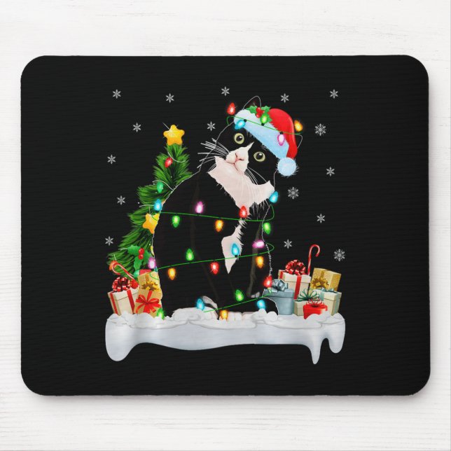Black Cat Christmas Lights Santa Hat Black Cat Lov Mousepad (Vorne)