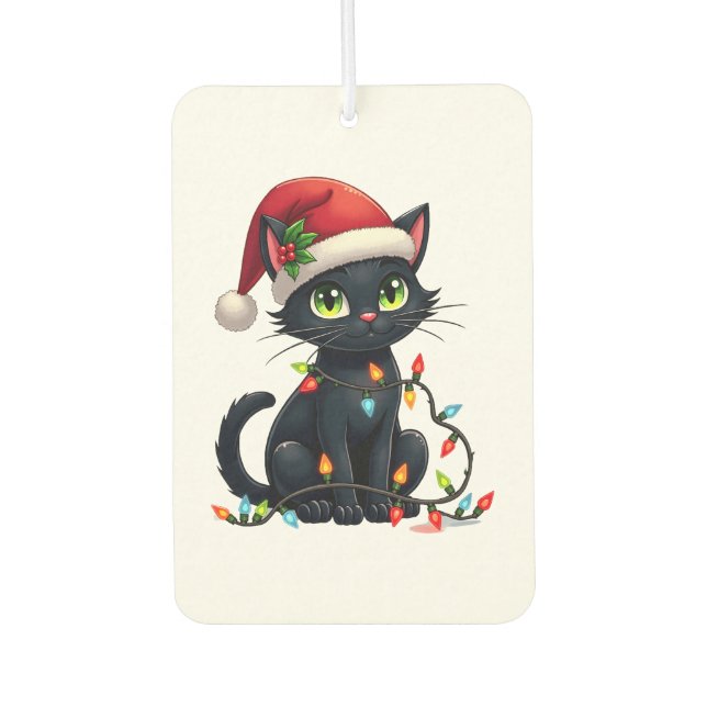 Black Cat Christmas Lights Santa Hat Funny Xmas Ca Autolufterfrischer (Vorderseite)