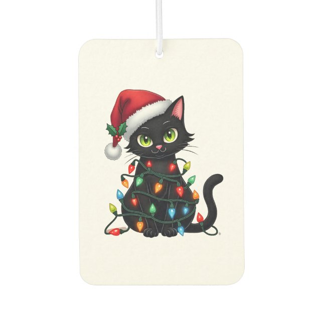 Black Cat Christmas Lights Santa Hat Funny Xmas Ca Autolufterfrischer (Vorderseite)
