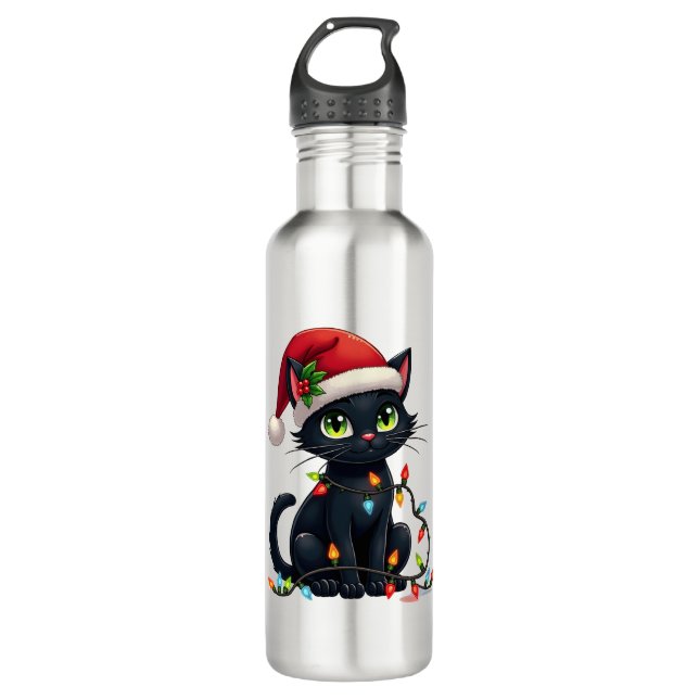 Black Cat Christmas Lights Santa Hat Funny Xmas Ca Edelstahlflasche (Vorderseite)