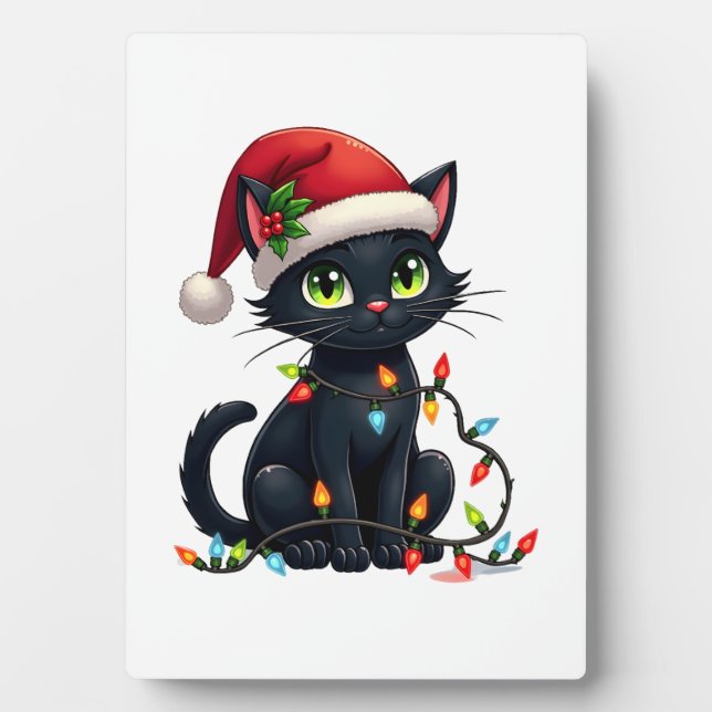 Black Cat Christmas Lights Santa Hat Funny Xmas Ca Fotoplatte (Vorderseite)