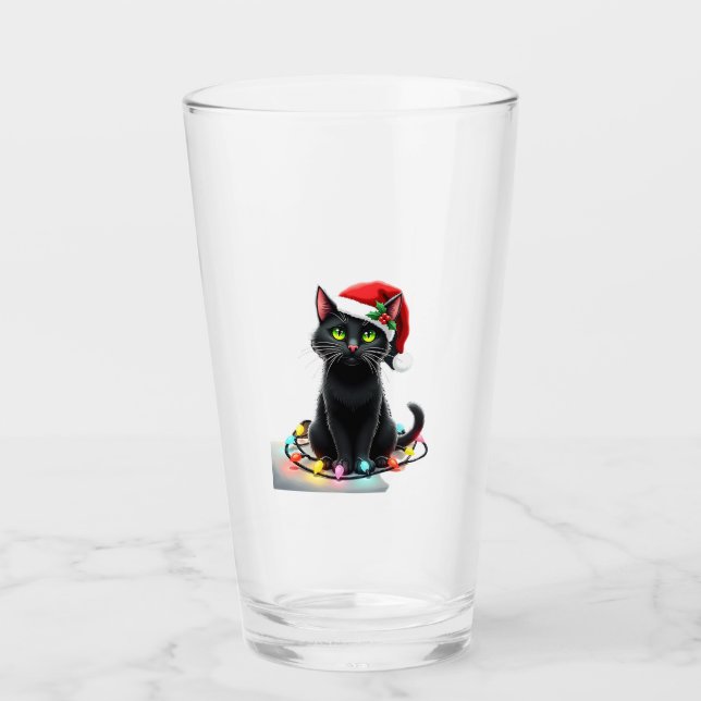 Black Cat Christmas Lights Santa Hat Funny Xmas Ca Glas (Vorderseite)