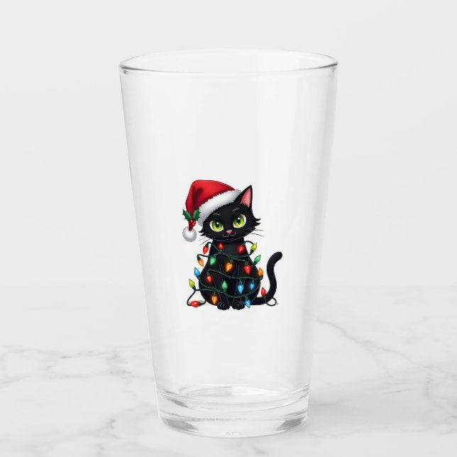 Black Cat Christmas Lights Santa Hat Funny Xmas Ca Glas (Vorderseite)