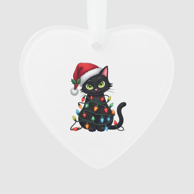 Black Cat Christmas Lights Santa Hat Funny Xmas Ca Ornament (Vorderseite)