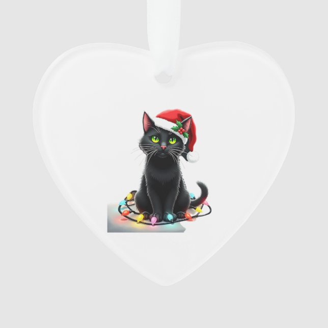 Black Cat Christmas Lights Santa Hat Funny Xmas Ca Ornament (Vorderseite)