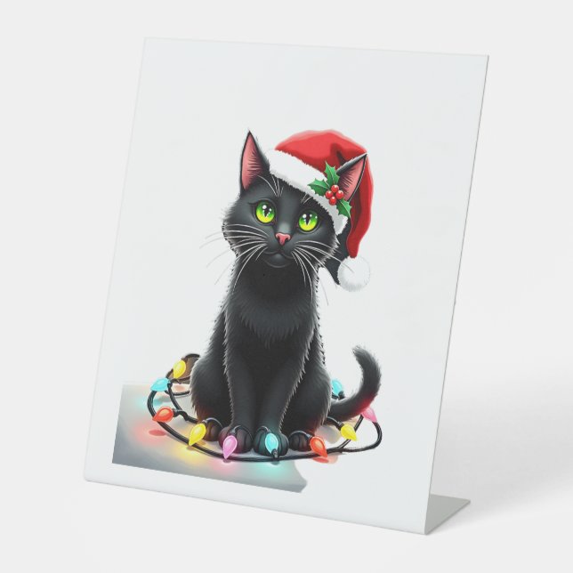 Black Cat Christmas Lights Santa Hat Funny Xmas Ca Sockelschild (Vorderseite)