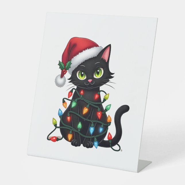 Black Cat Christmas Lights Santa Hat Funny Xmas Ca Sockelschild (Vorderseite)