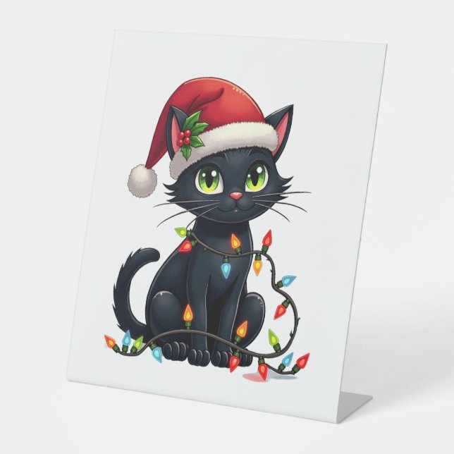 Black Cat Christmas Lights Santa Hat Funny Xmas Ca Sockelschild (Vorderseite)
