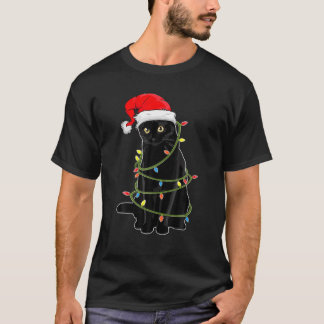 Black Cat Christmas Pajama Merry Xmas Lights Cat L T-Shirt