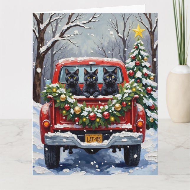 Black Cat Christmas Red Truck Holiday Karte (Vorderseite)