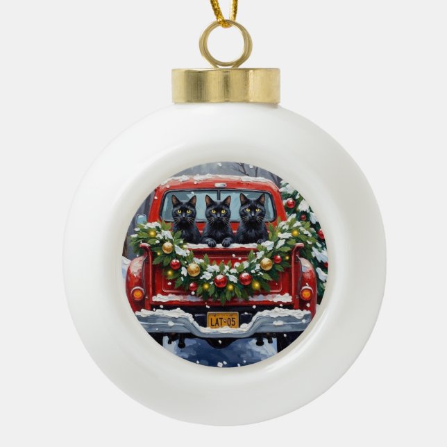 Black Cat Christmas Red Truck Holiday Keramik Kugel-Ornament (Vorderseite)