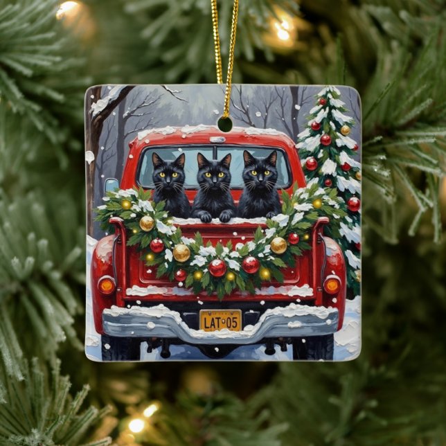 Black Cat Christmas Red Truck Holiday Keramikornament (Baum)