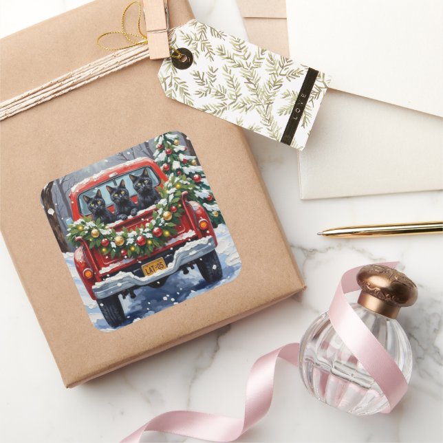 Black Cat Christmas Red Truck Holiday Quadratischer Aufkleber (Schenken)