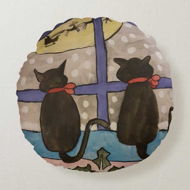 Black Cat Christmas Round Cushion Rundes Kissen (Vorderseite)