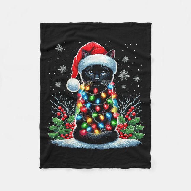 Black Cat Christmas Santa Hat Funny Meowy Cat  Fleecedecke (Vorderseite)