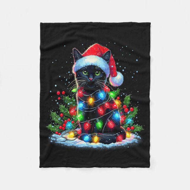 Black Cat Christmas Santa Hat Funny Meowy Cats  Fleecedecke (Vorderseite)