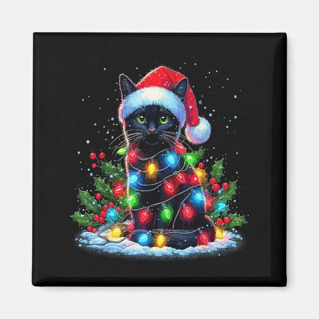 Black Cat Christmas Santa Hat Funny Meowy Cats  Magnet (Vorne)