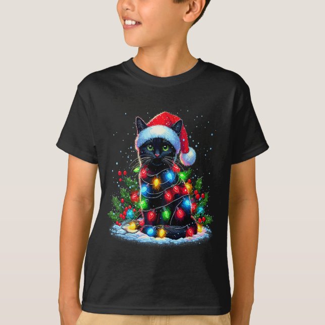 Black Cat Christmas Santa Hat Funny Meowy Cats  T-Shirt (Vorderseite)