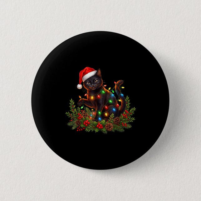 Black Cat Christmas Santa Hat Funny Meowy Cats Wom Button (Vorderseite)