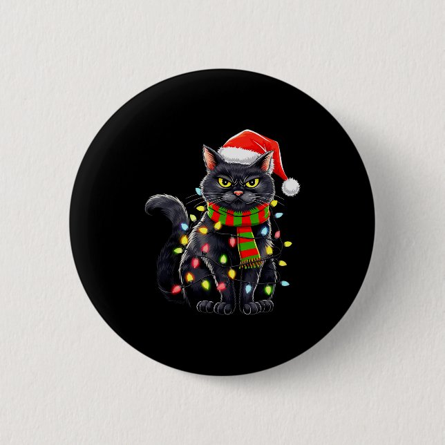 Black Cat Christmas Santa Hat Funny Meowy Cats Wom Button (Vorderseite)