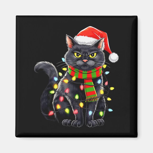Black Cat Christmas Santa Hat Funny Meowy Cats Wom Magnet (Vorne)