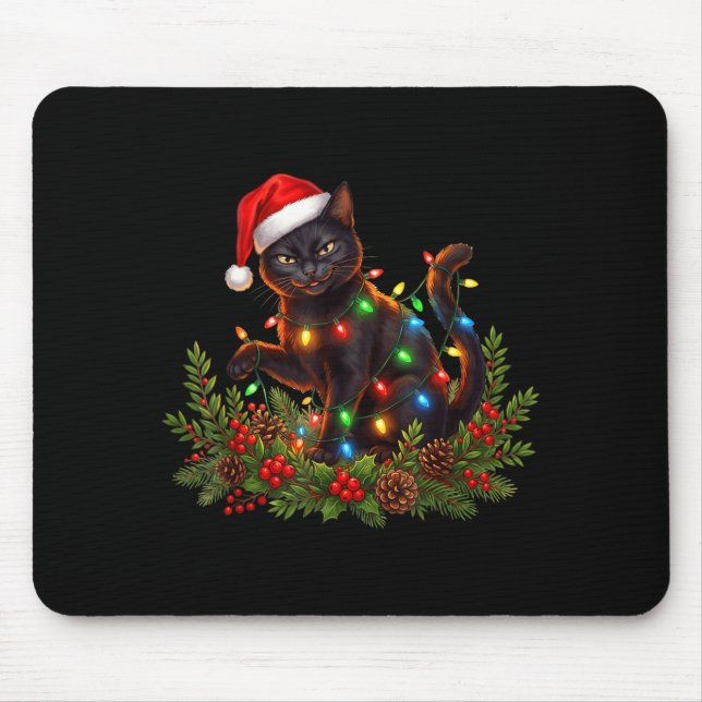 Black Cat Christmas Santa Hat Funny Meowy Cats Wom Mousepad (Vorne)