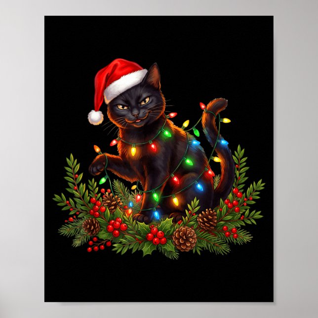 Black Cat Christmas Santa Hat Funny Meowy Cats Wom Poster (Vorne)