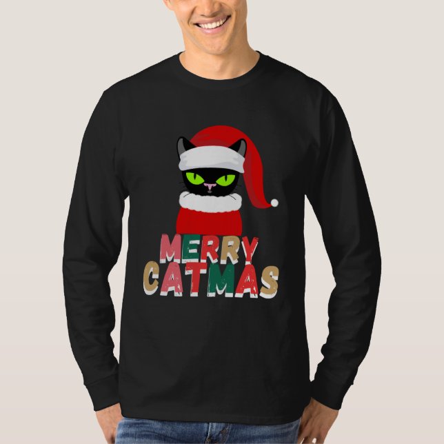 black cat Christmas Santa Hat T-Shirt (Vorderseite)