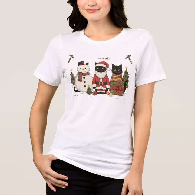 Black Cat Christmas Santa Snowman Cute Gift Tri-Blend Shirt (Vorderseite)