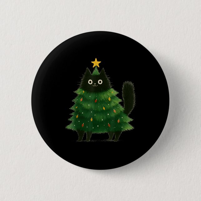 Black Cat Christmas Tree Cute Holiday Pet Lover De Button (Vorderseite)