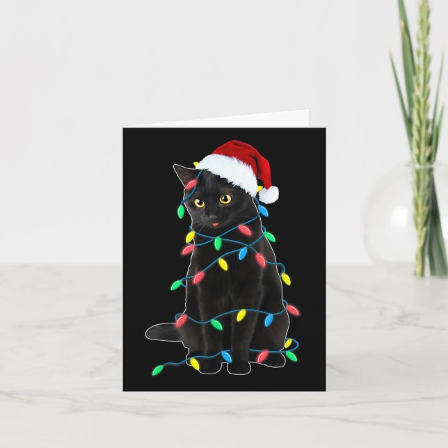Black Cat Christmas Tree Lights Fun Santa Kitten L Karte (Vorderseite)