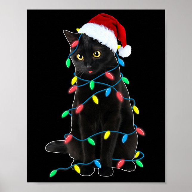 Black Cat Christmas Tree Lights Fun Santa Kitten L Poster (Vorne)